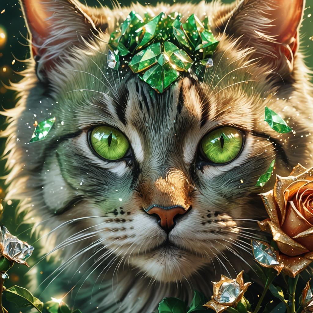 Cat Blowing Diamond Roses in Photorealistic Style
