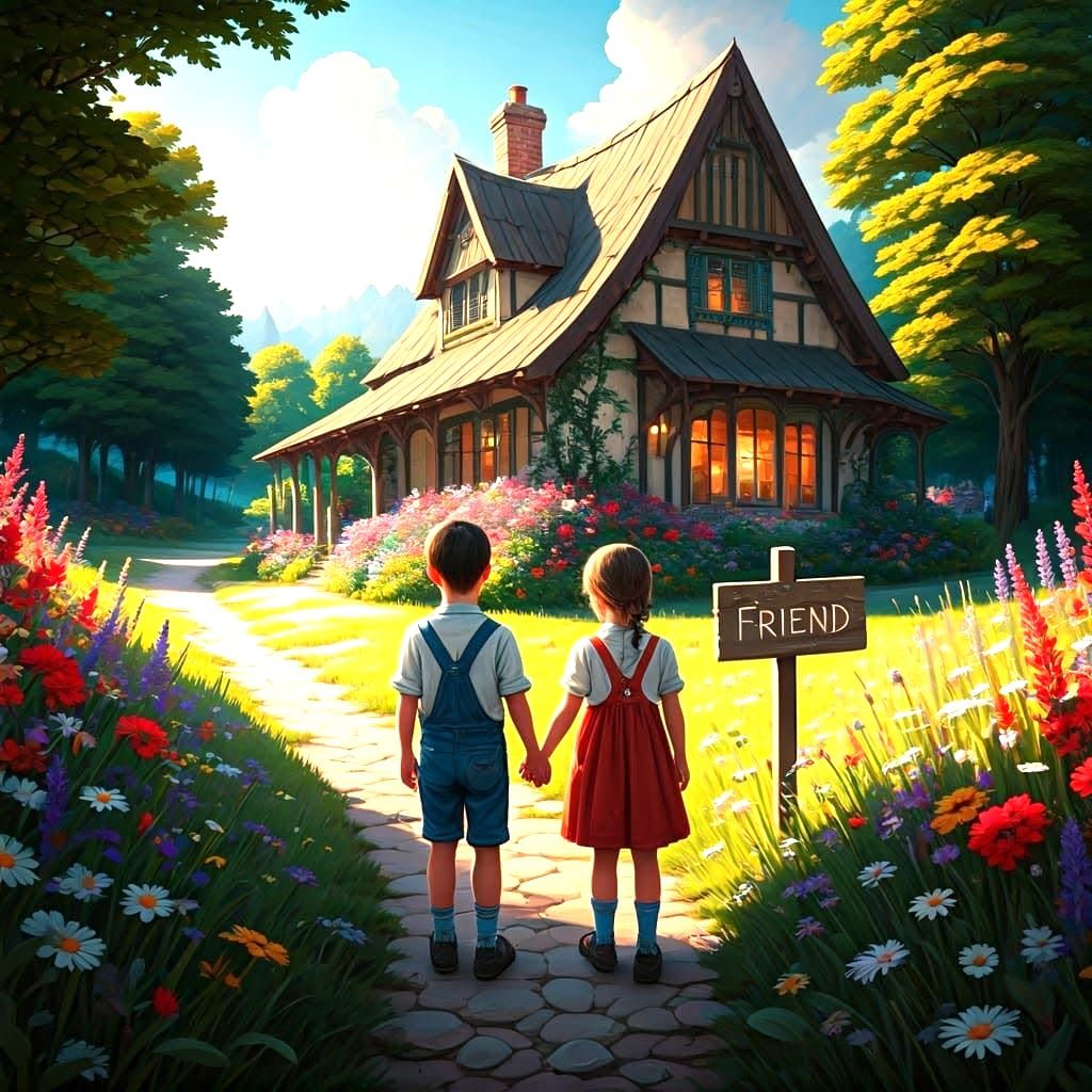 Children Holding Hands by Cottage, Vivid Colors