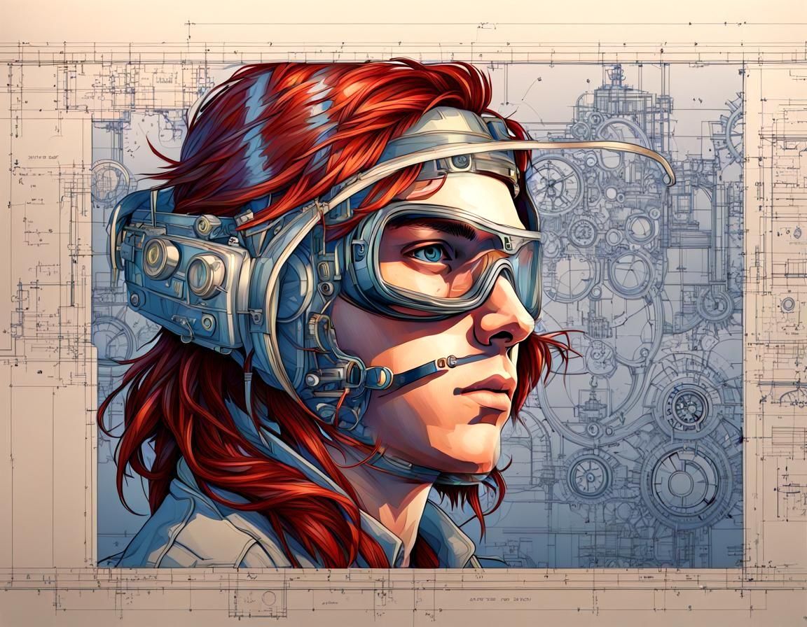 Steampunk Boy with Blueprint Reflection in Goggles