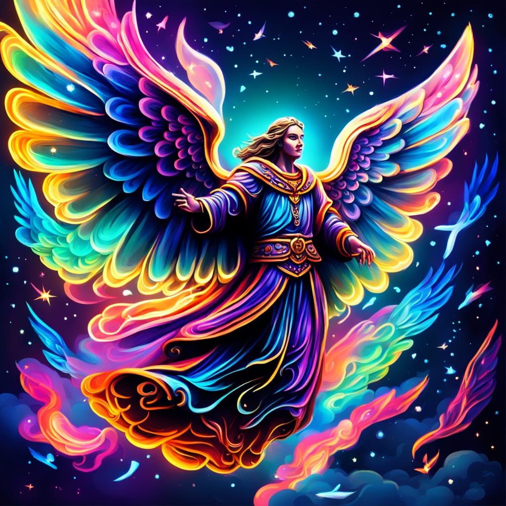 Neon Glass Angel Soaring at Night