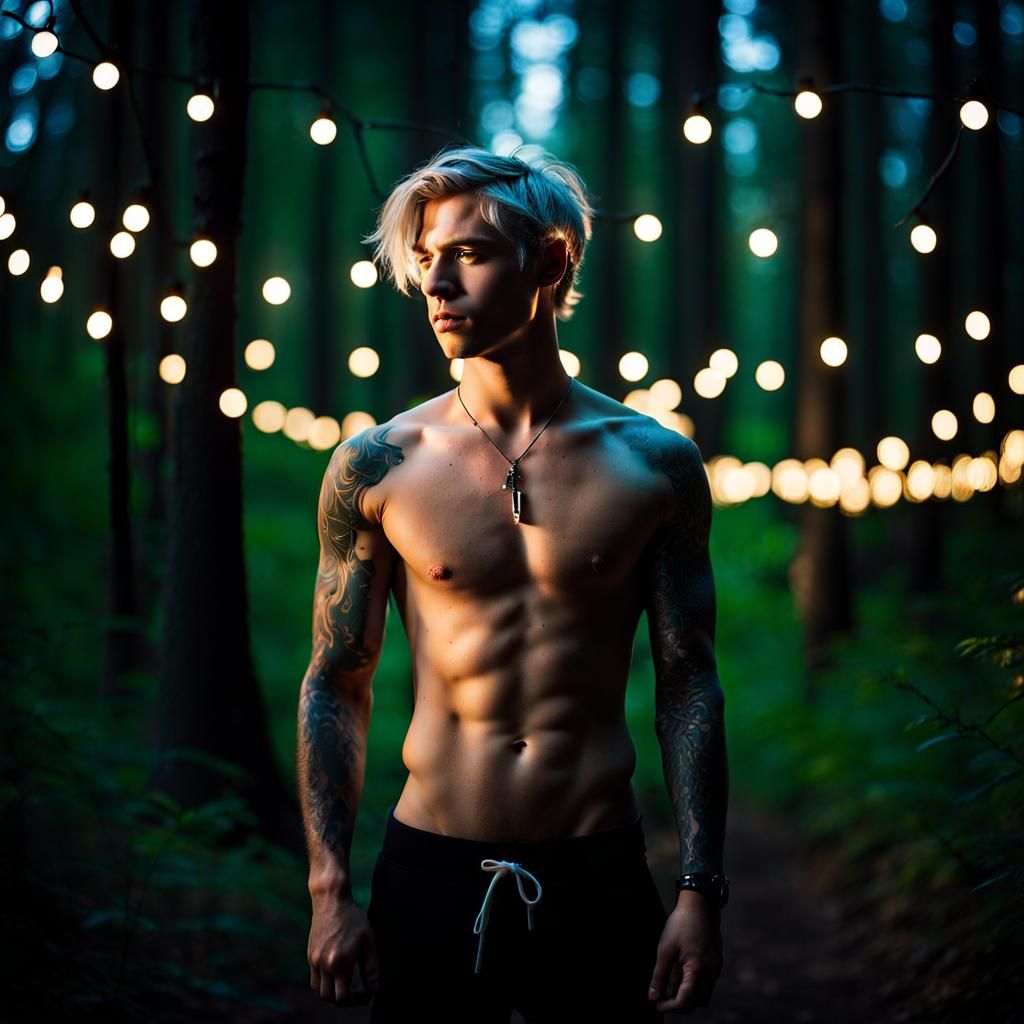 Gothic Forest: Man Bathed in Tiny Lights