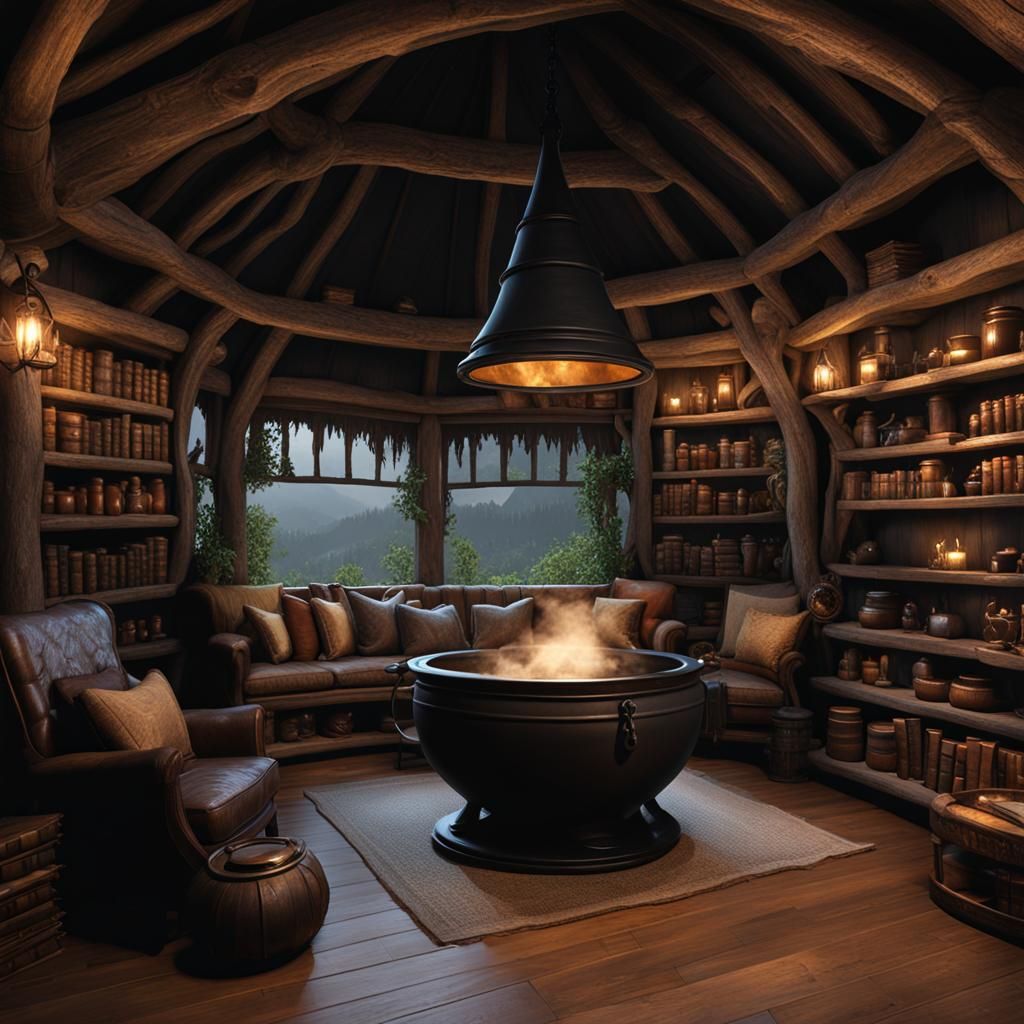 Cozy Witch Hut with Oversized Cauldron: Dark Fantasy Art