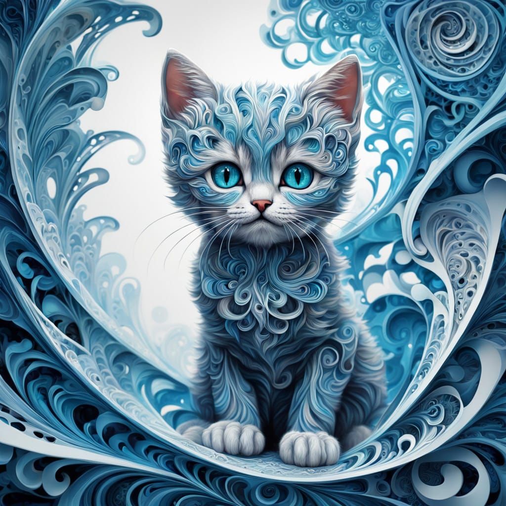 Mystical Blue-Eyed Feline Amidst Cosmic Fractals