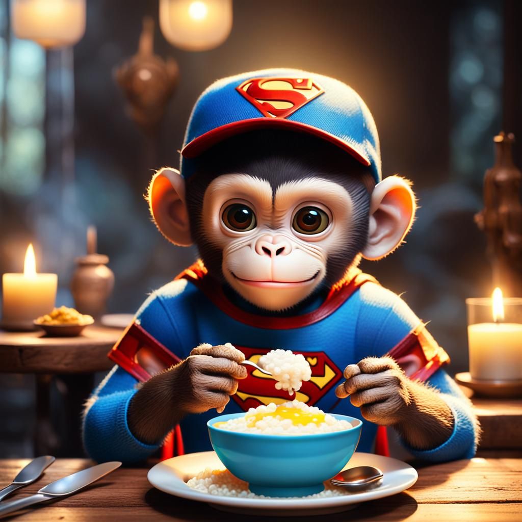 Toy Monkey's Candlelit Breakfast, Vibrant Oil Painting