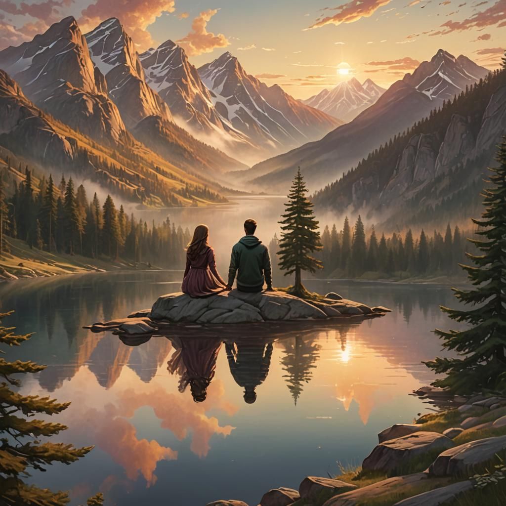 Couple at Sunset Over Mountain Vista in Dreamy Style