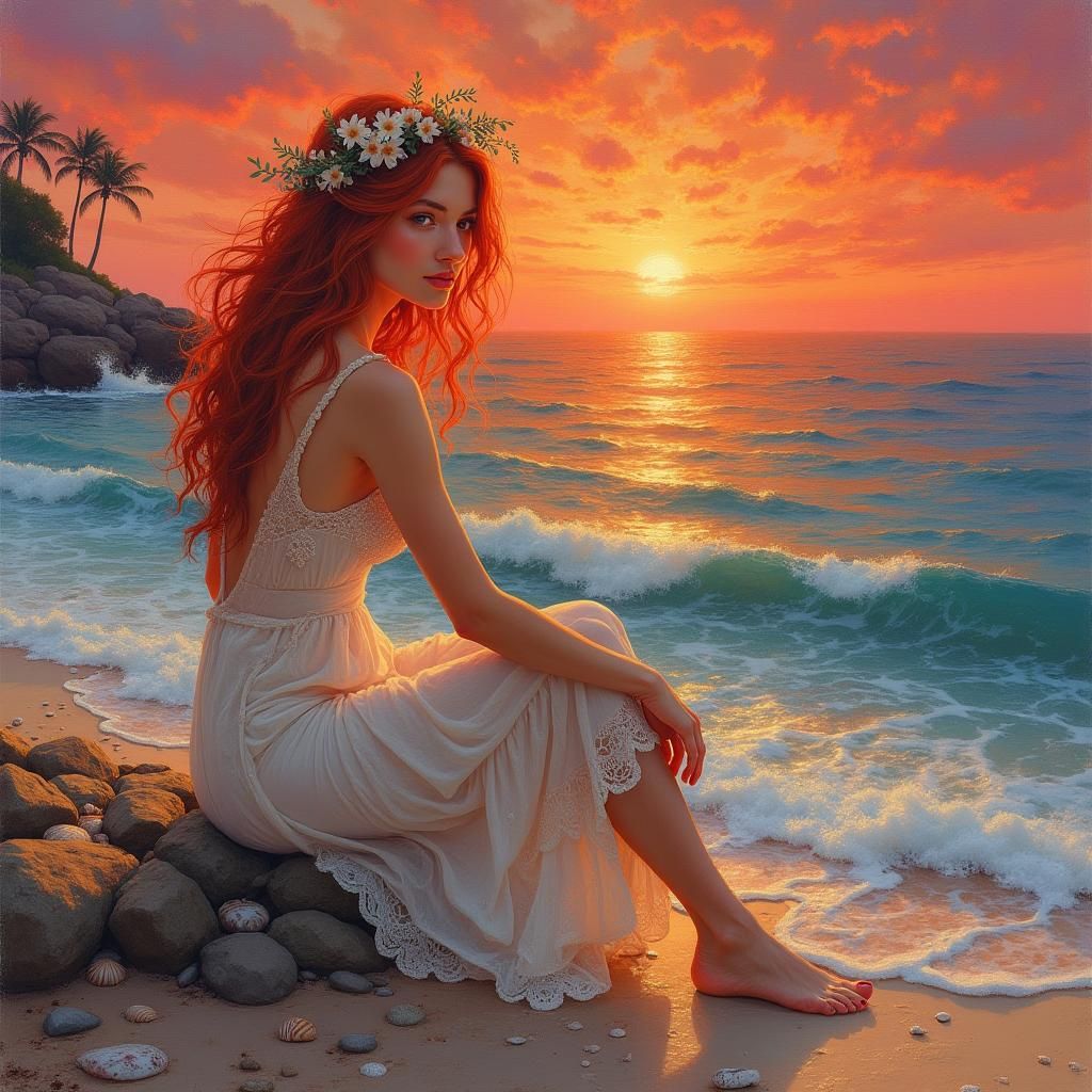 Sunset Beach: Red-Haired Woman in Flowy Dress