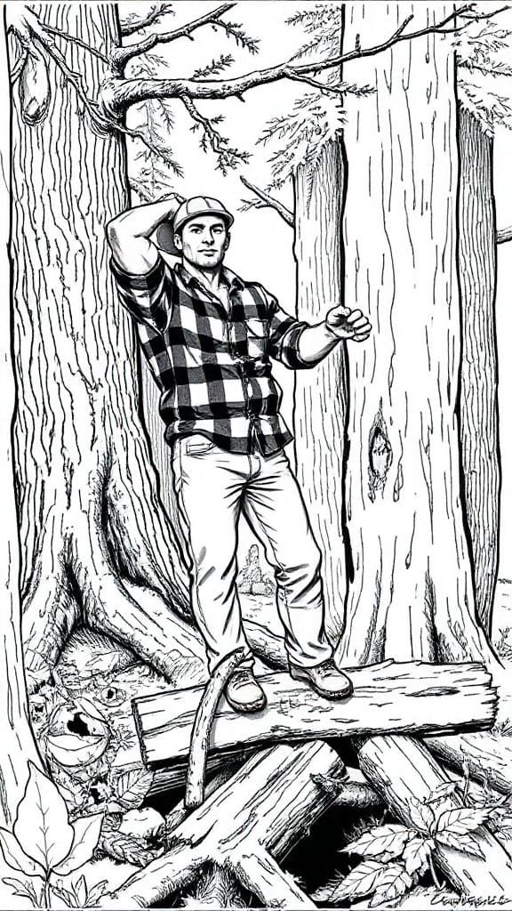 Lumberjack in Forest: Classic Comic Book Style