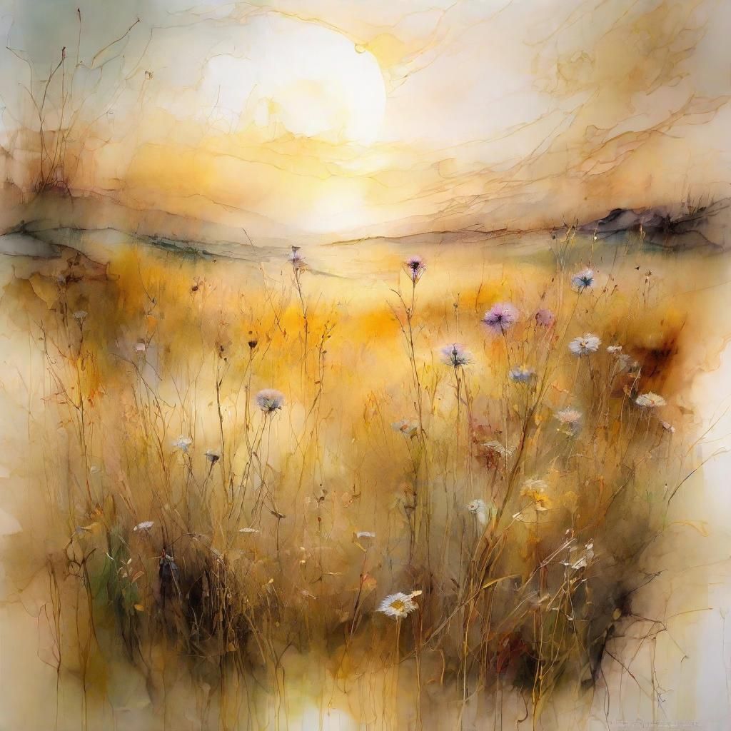 Misty Meadow Sunrise as Whimsical Alcohol Ink Painting