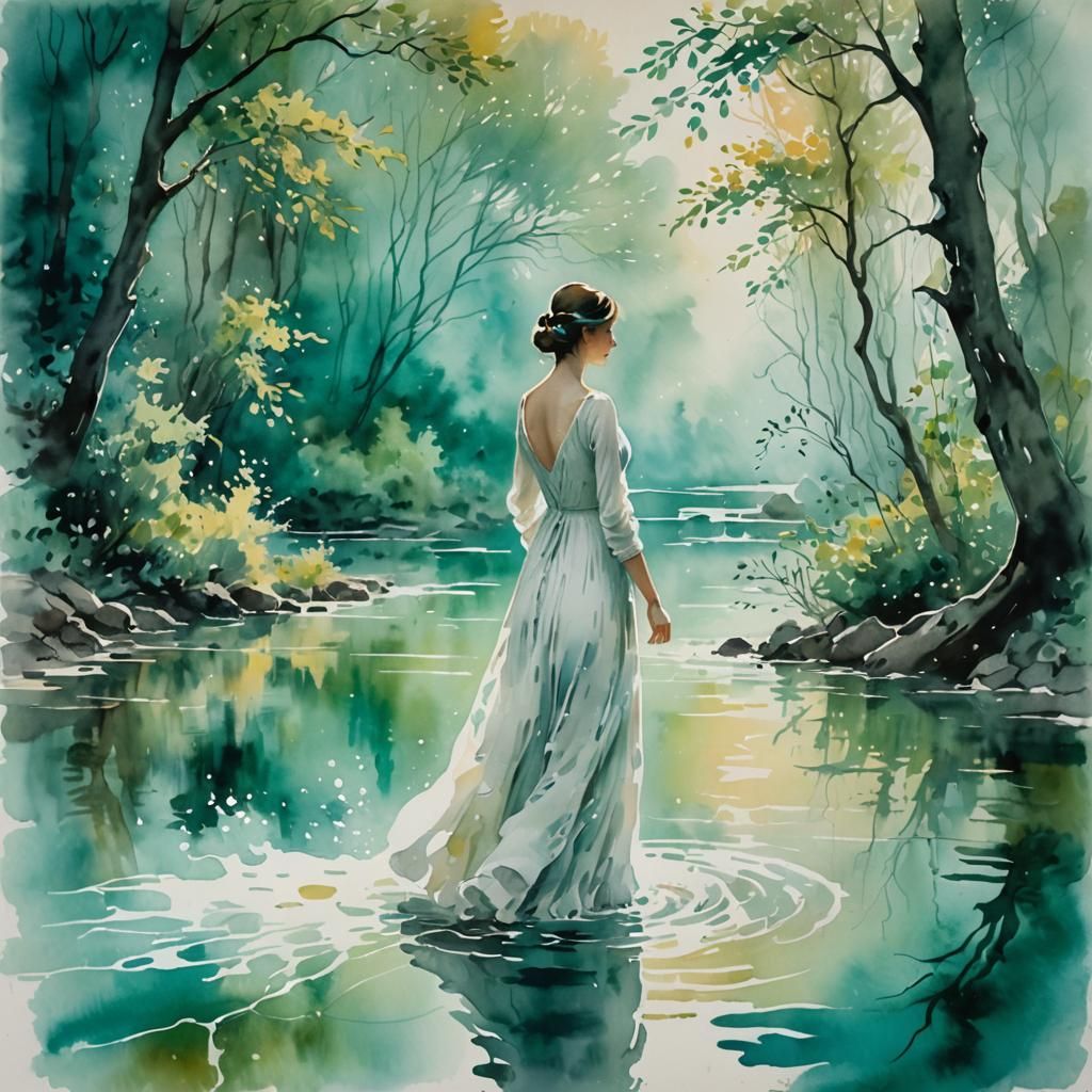 Ethereal Woman Bathing in River: Impressionist Watercolour