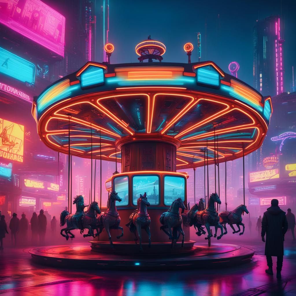 Cyberpunk Carousel with Flying Cars in Neon City