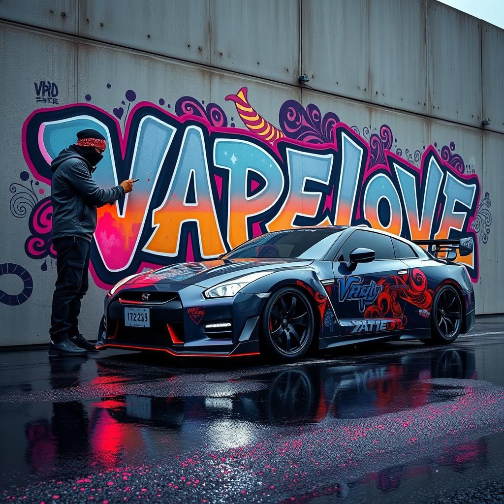 Vibrant Graffiti Art with Nissan GT-R in Cyberpunk Style