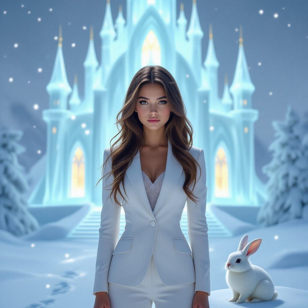 Teenage Girl Before Glowing Ice Castle in Gentle Snowfall