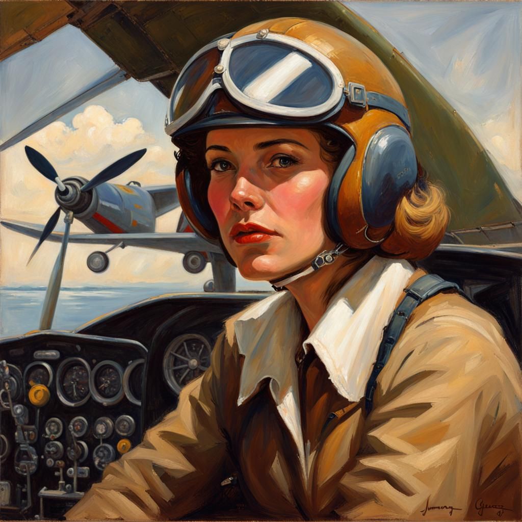 Female Pilot and Plane, 1939, Oil Painting