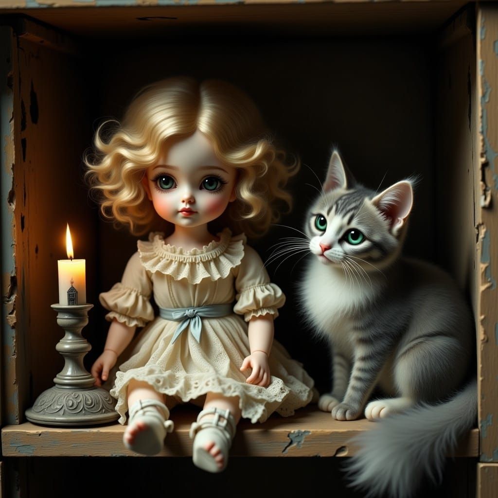Porcelain Dolls and Cat on Shelf in Hyperreal Style