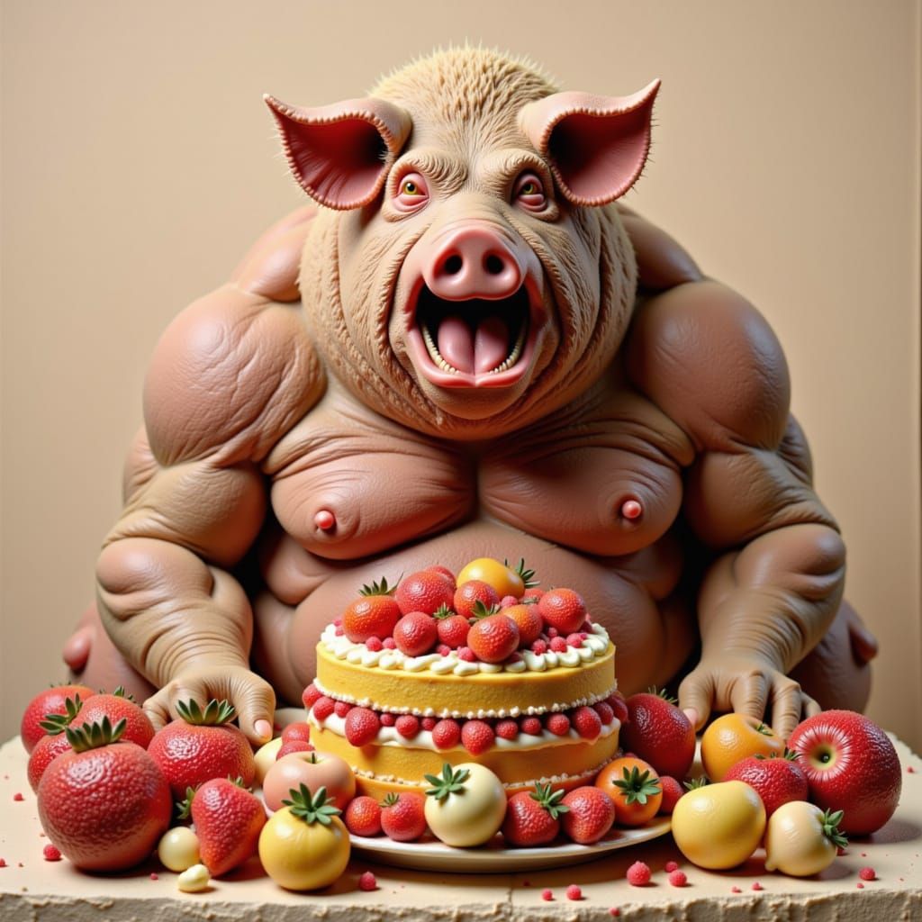 Man Indulges in Cake, Pig-like Eating Style