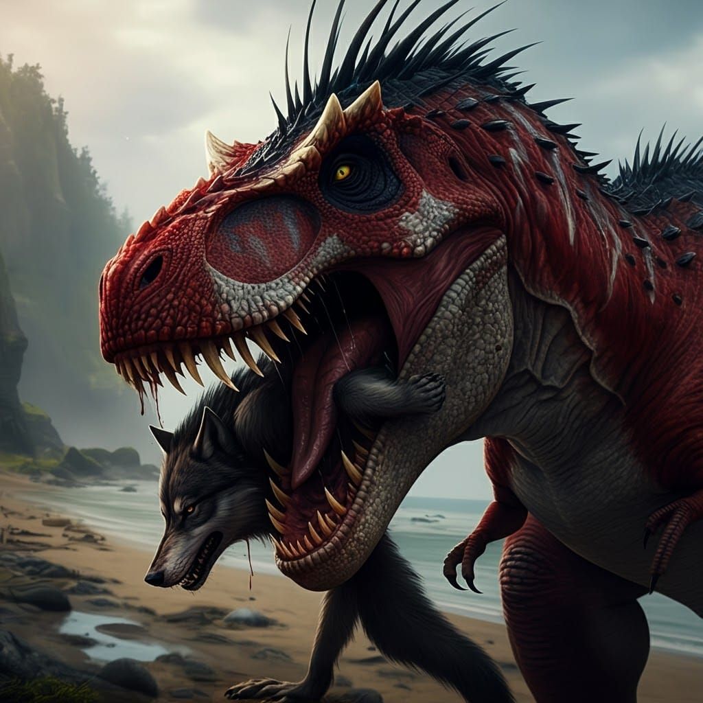 Mutated T-Rex Battles Werewolves in Gothic Style