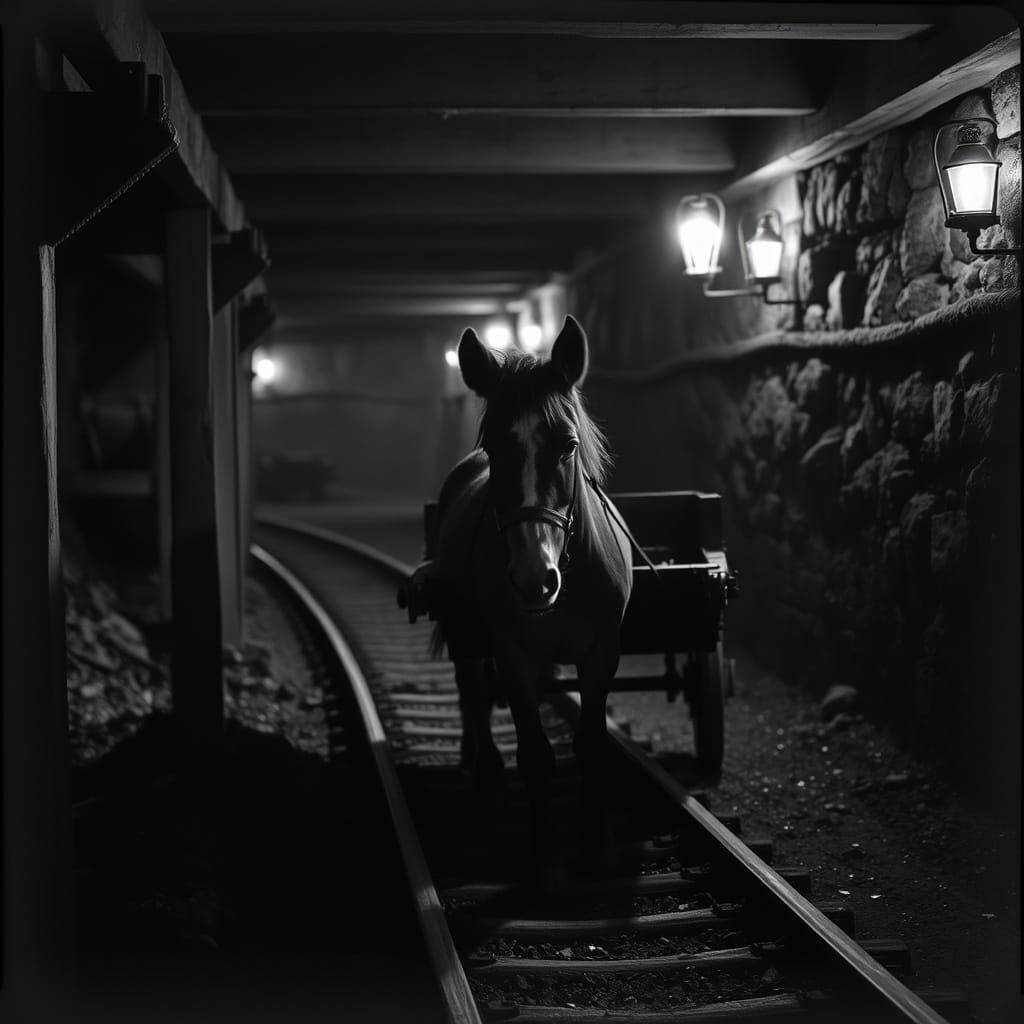 Vintage Coal Mine Scene with Pit Pony and Cart