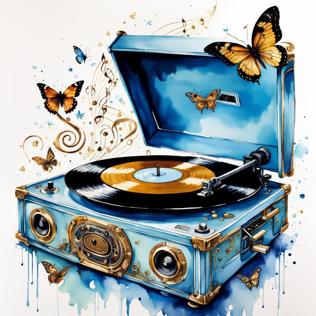 Vintage Record Player with Musical Notes in Watercolor