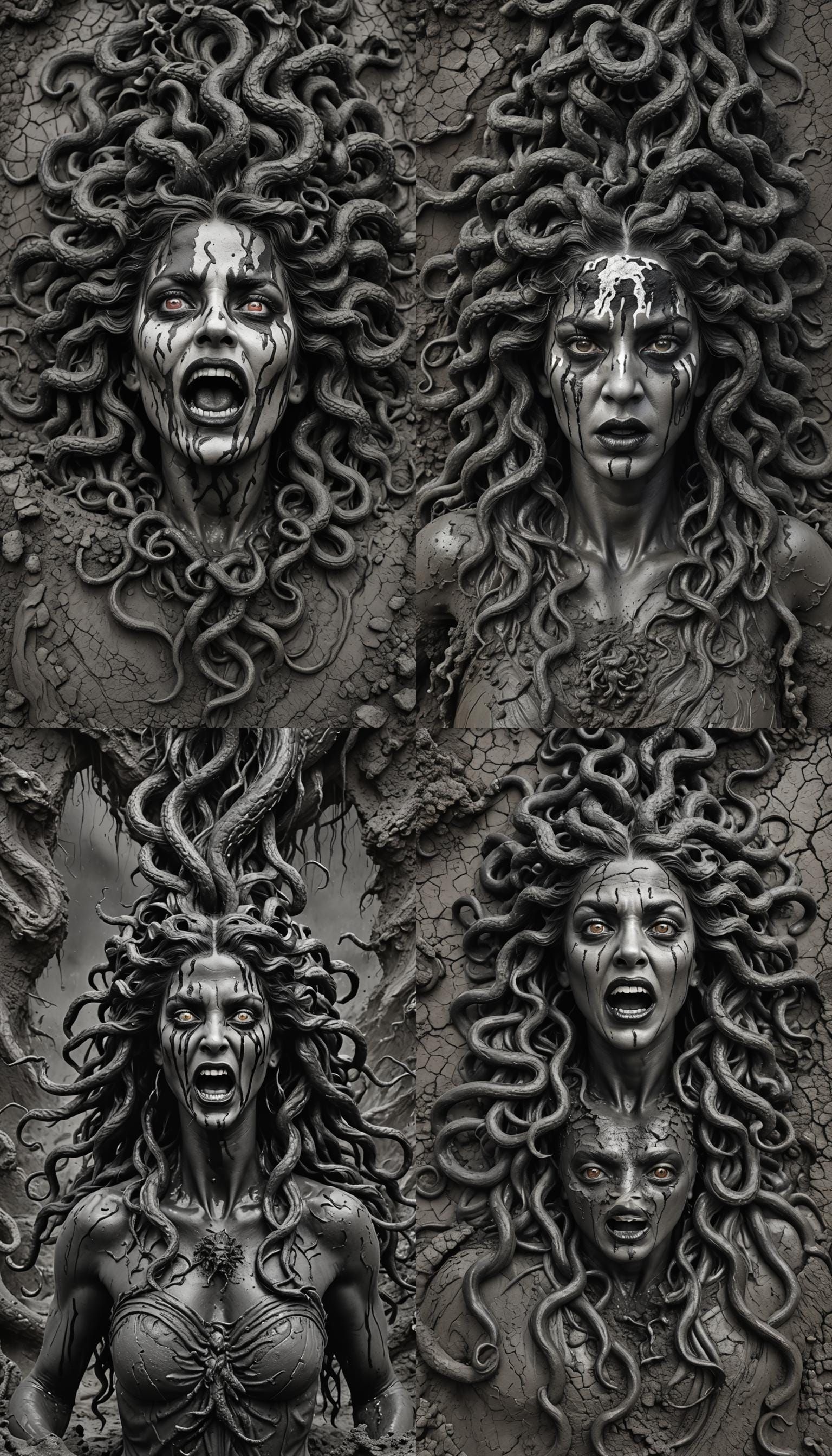 Terrifying Gorgon Medusa Screaming in Tar: Black and White P...