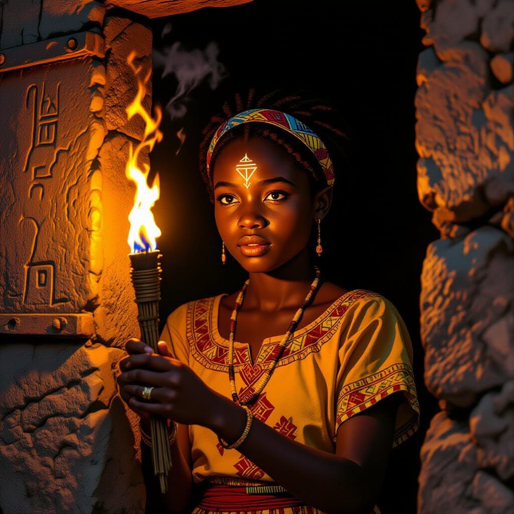 African Girl with Torch Opens Stone Door