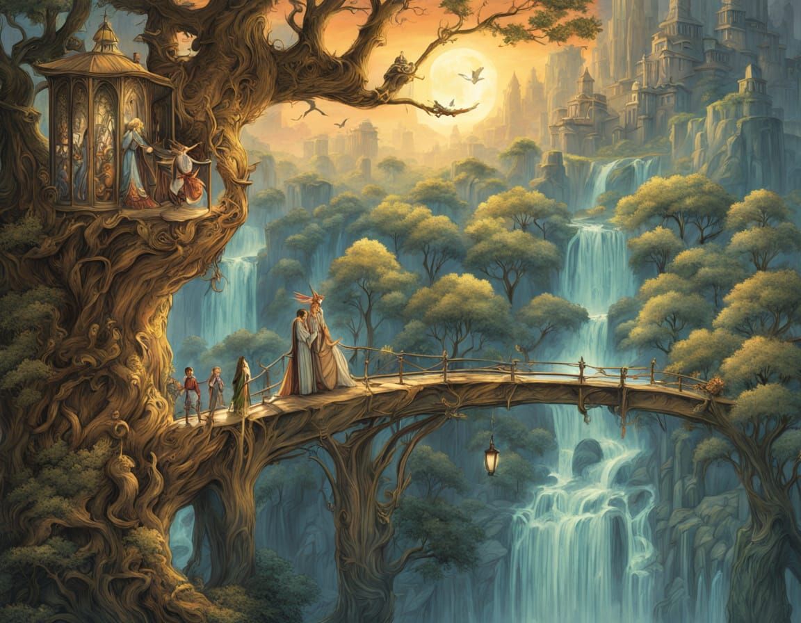 Elven City in Giant Oak Tree, Whimsical Fantasy Art