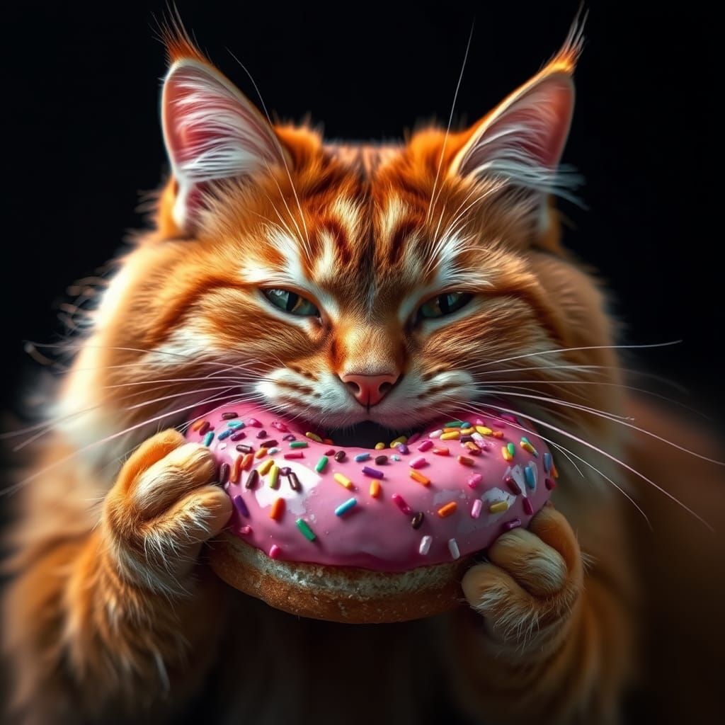 Orange Tabby Cat Devouring Donut, Hyperrealistic Still Life