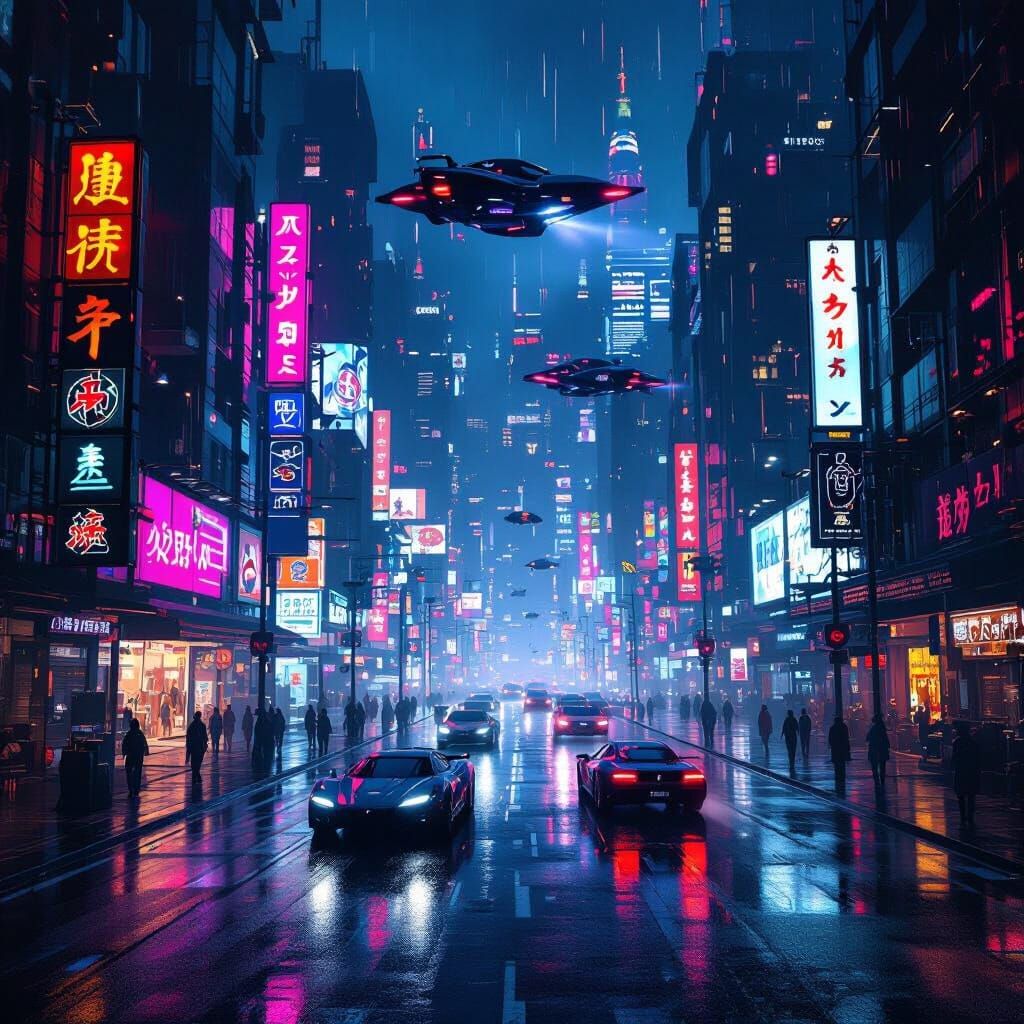 Cyberpunk Cityscape at Night with Flying Cars