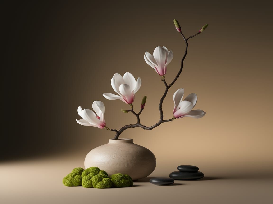 Serene Ikebana Arrangement with Magnolia Branch