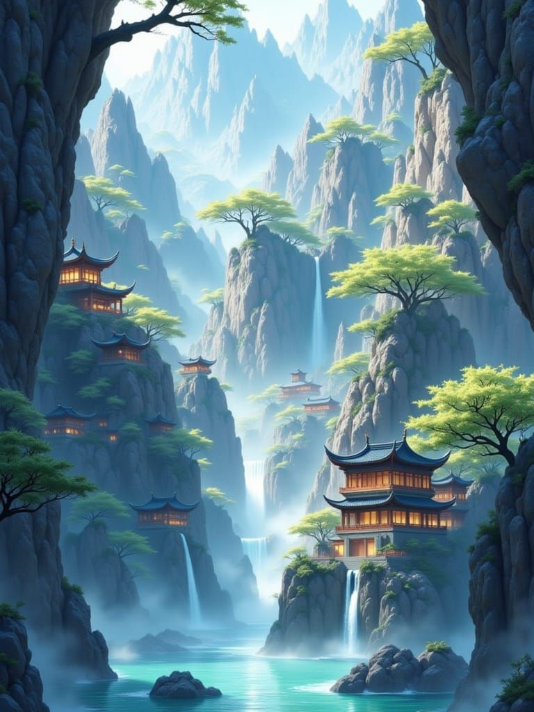 Mystical Asian Village Amidst Mountains