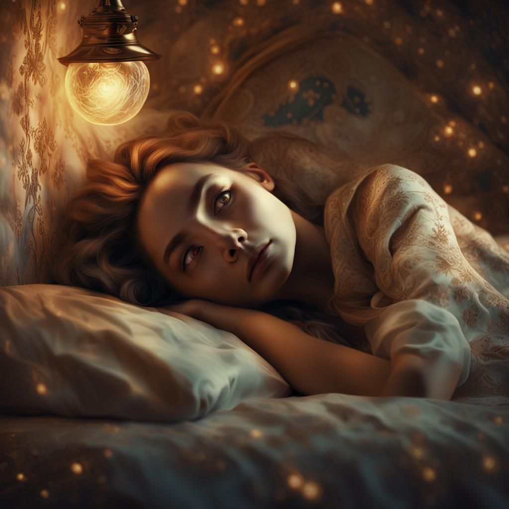 Melancholic Woman in Bed: Fantastical Digital Painting