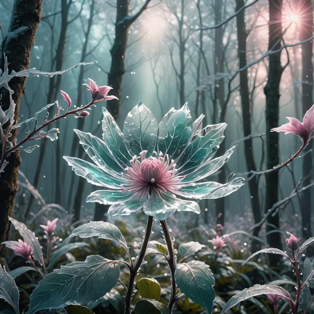Ice Flower Blooms in Mystical Forest
