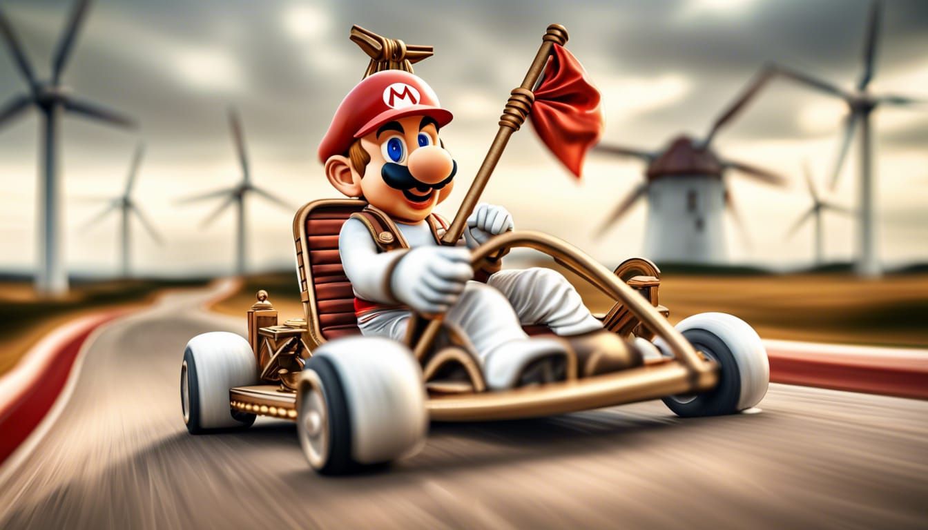 Don Quixote rides Super Mario Kart versus Windmills