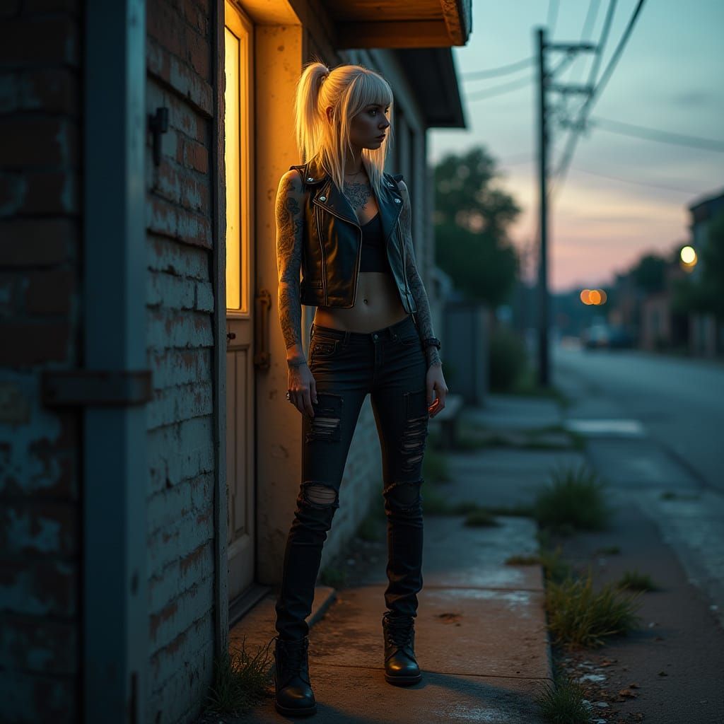 Hyperrealistic Woman with Tattoos in Gritty Lighting