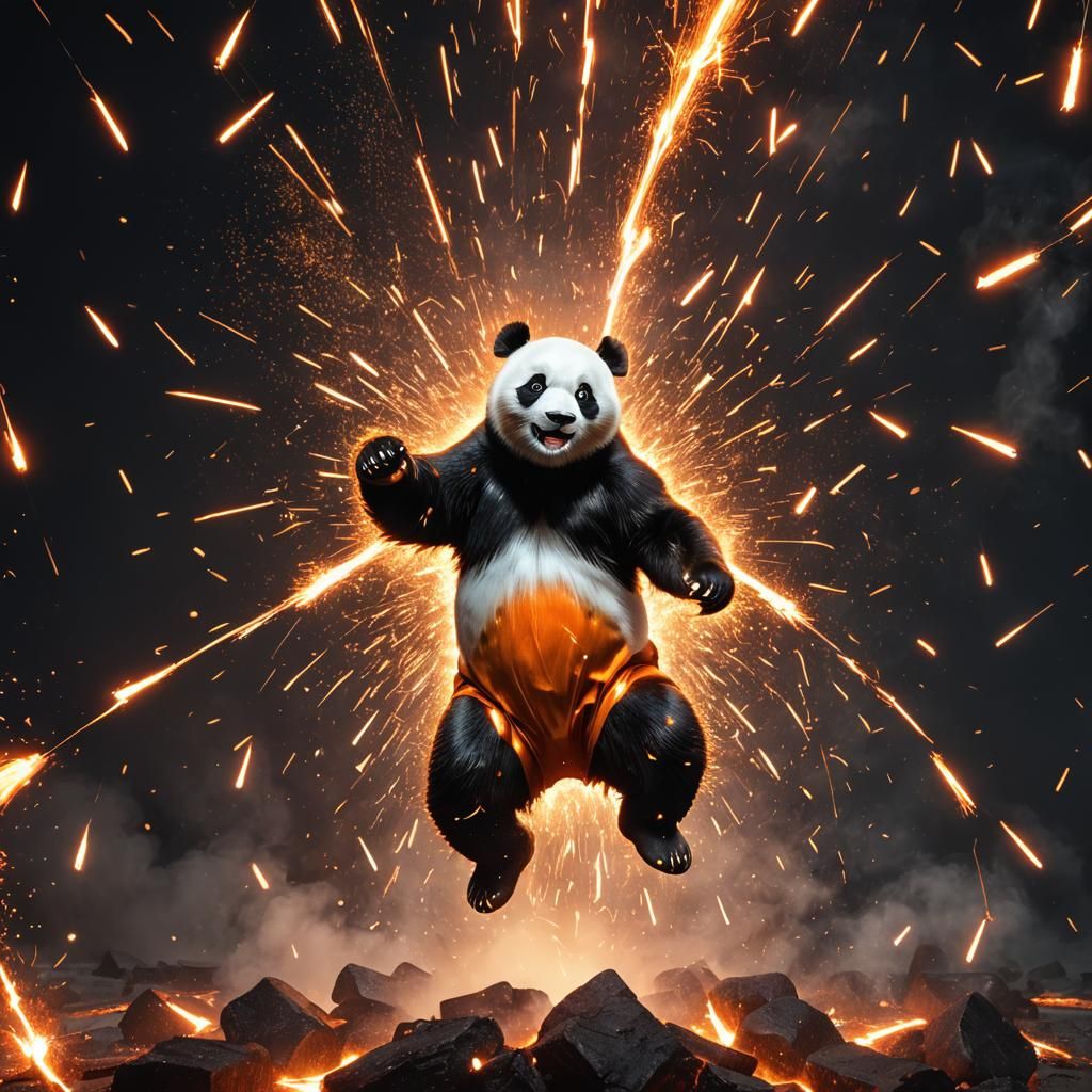 Molten Metal Panda with Fiery Sparks in 3D