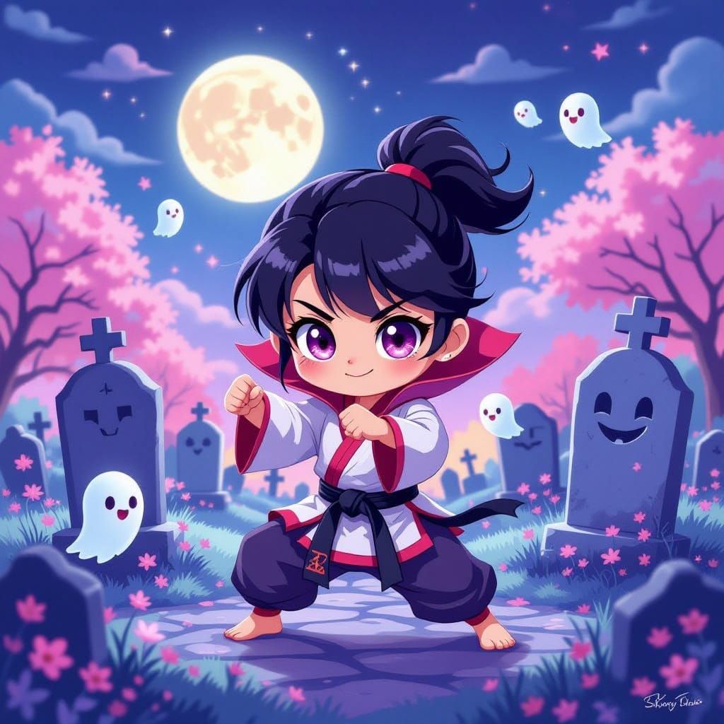 Vampire Karate Master in Graveyard, Ghibli Style
