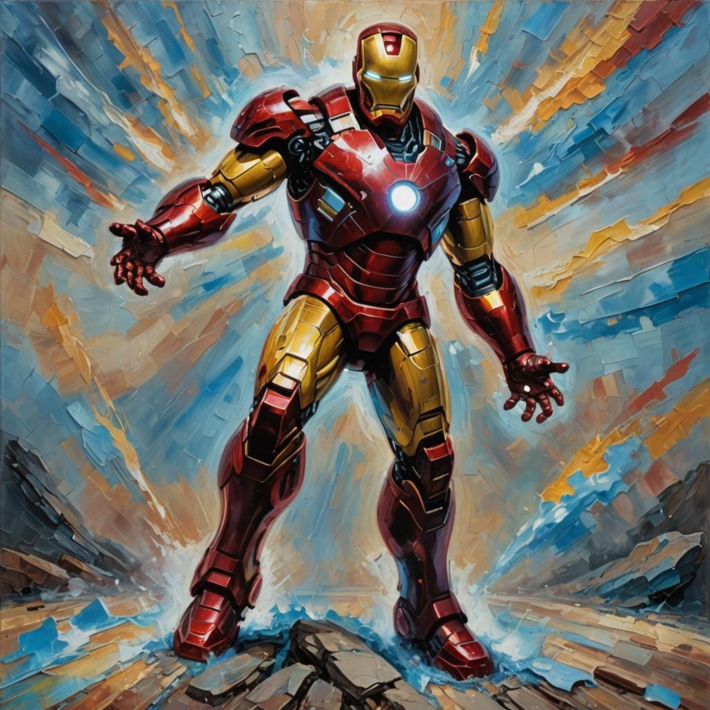 Iron Man Fires Energy Beam: Impasto Oil Painting