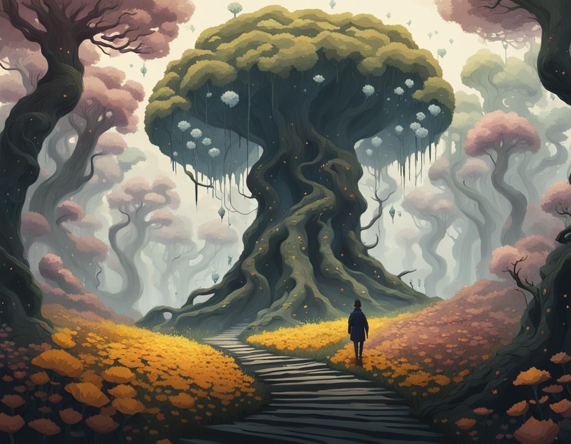 Surreal Dark Fantasy Landscape with Constellation Flowers