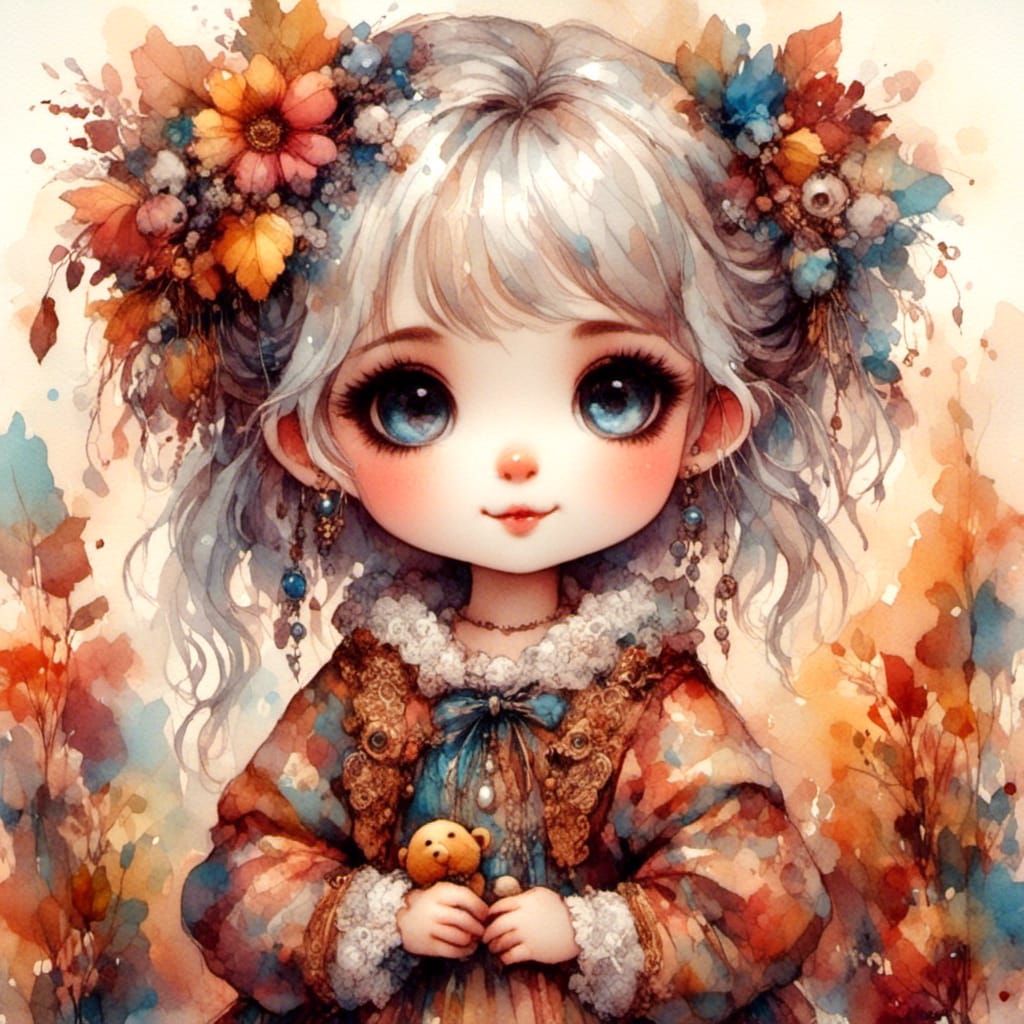 Whimsical Little Girl with Silver Hair in Watercolor