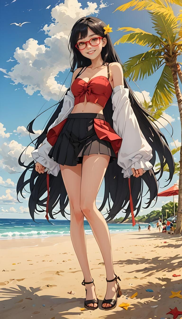 Anime Beach Girl in Red Glasses