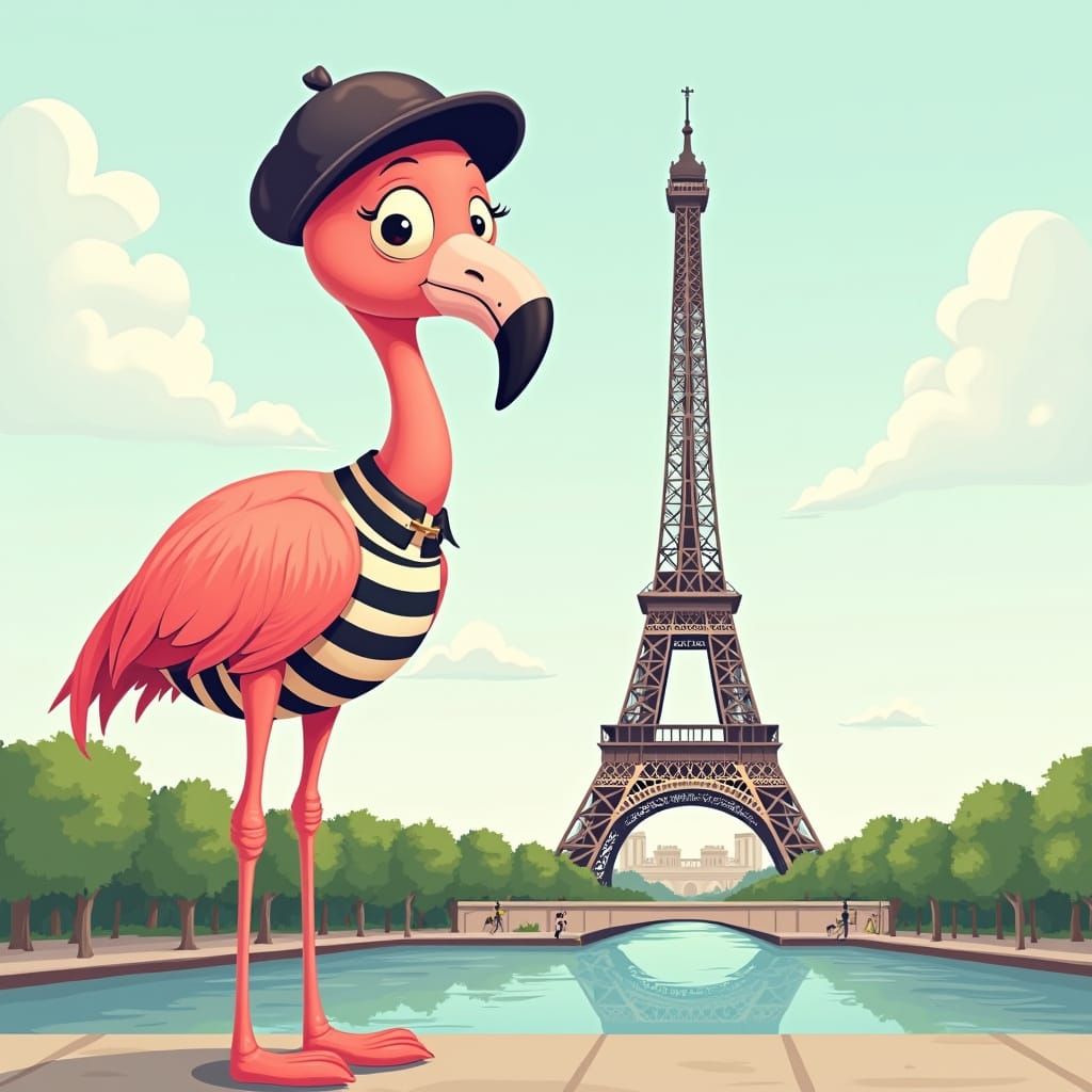 Whimsical Cartoon Flamingo by the Eiffel Tower