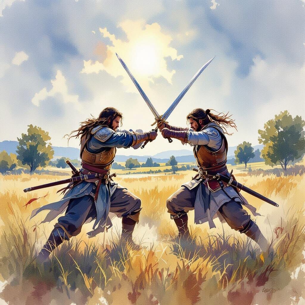 Medieval Warriors Sword Fight in Oil Painting Style