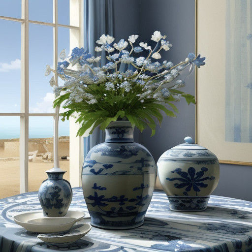 Blue and White Ming Vase on Fayence with Realistic Skin Tone...