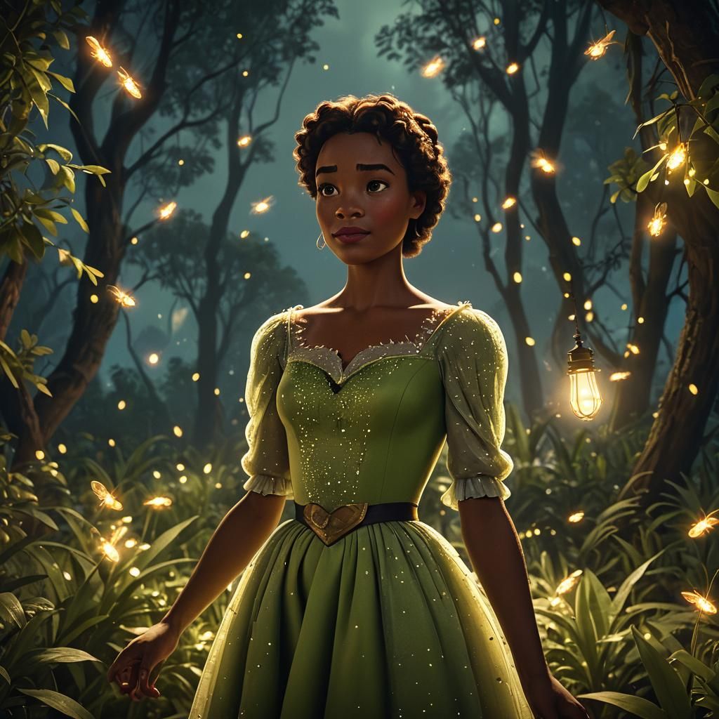 Disney Tiana Amidst Fireflies: Cinematic Film Still