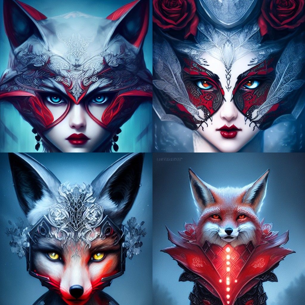 Fox Face with Roses and Breastplate, Hyper-Realistic Digital...