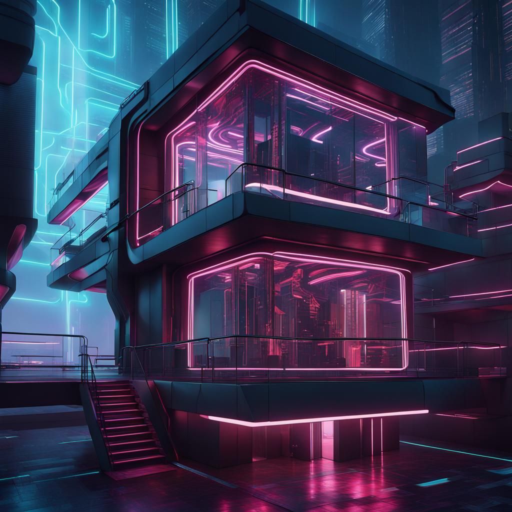 Cyberpunk Home with Tron Lighting and Holographic Figures