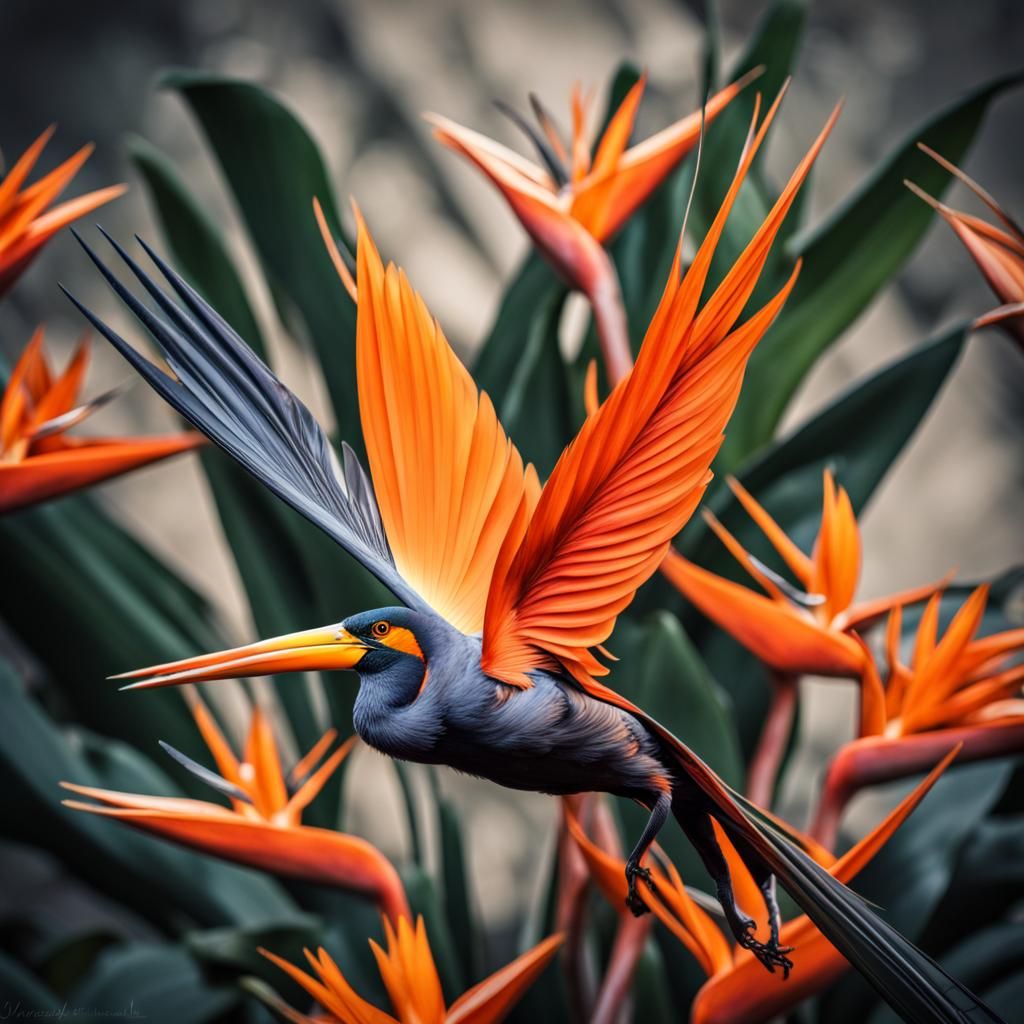 The bird flying through exotic flowers, Strelitzia, bird, wings, feathers, intricate details, HDR, beautifully shot, hyp...