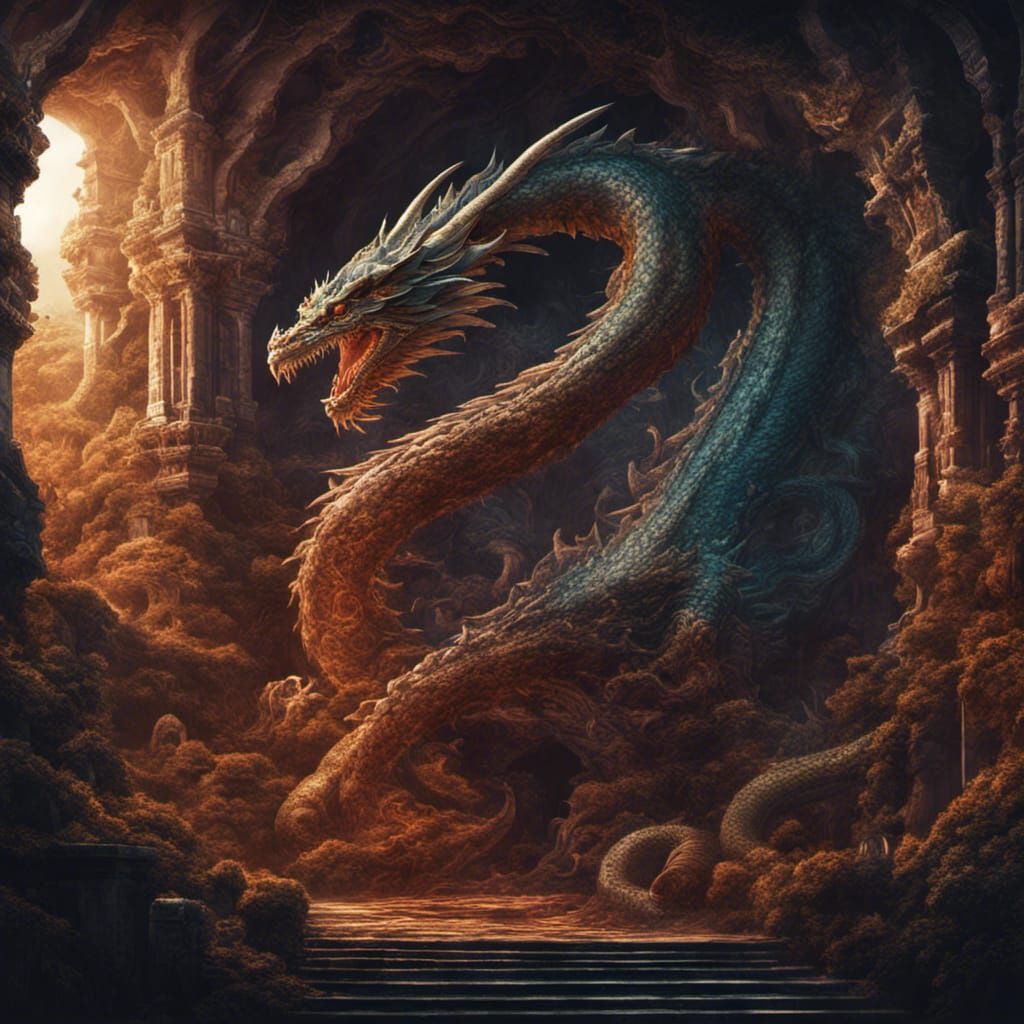 an intricate illustration of a sprawling subterranean labyrinth guarded by a majestic dragon, its scales shimmering in t...