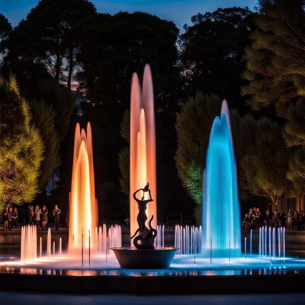 La Joute Fountain at Night with Ring of Fire