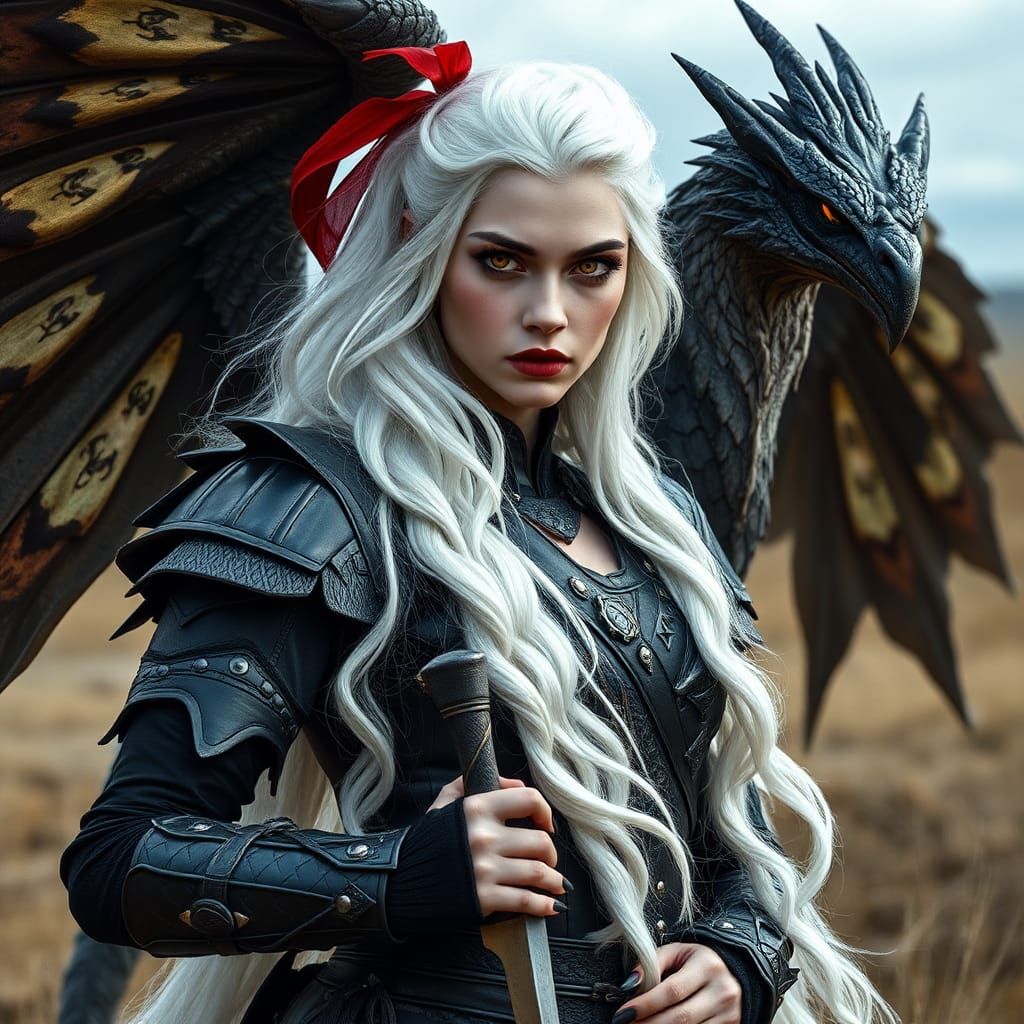 Fierce Woman with Wyvern in Windswept Landscape