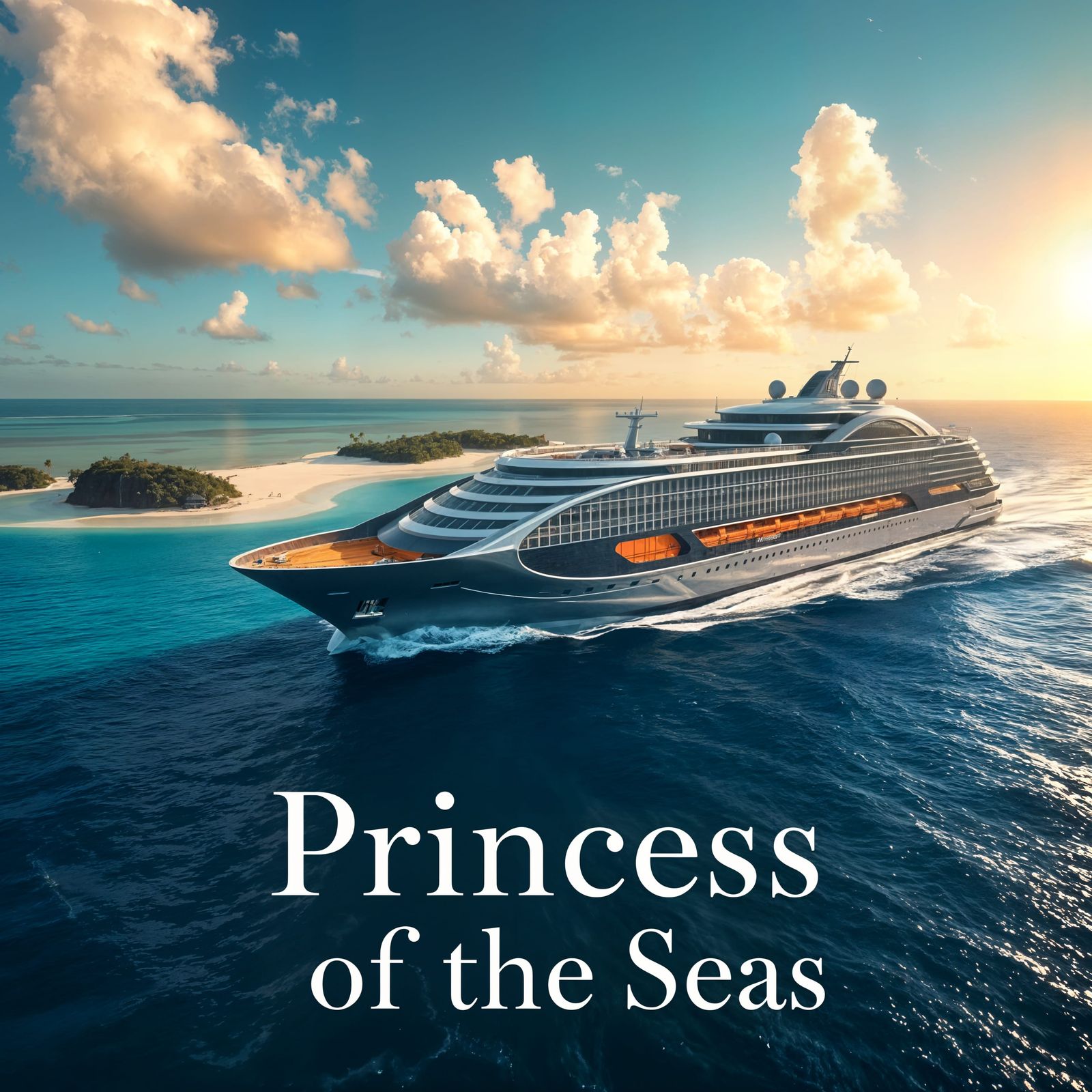 Luxurious Futuristic Cruise Ship Sails Across Tropical Water...